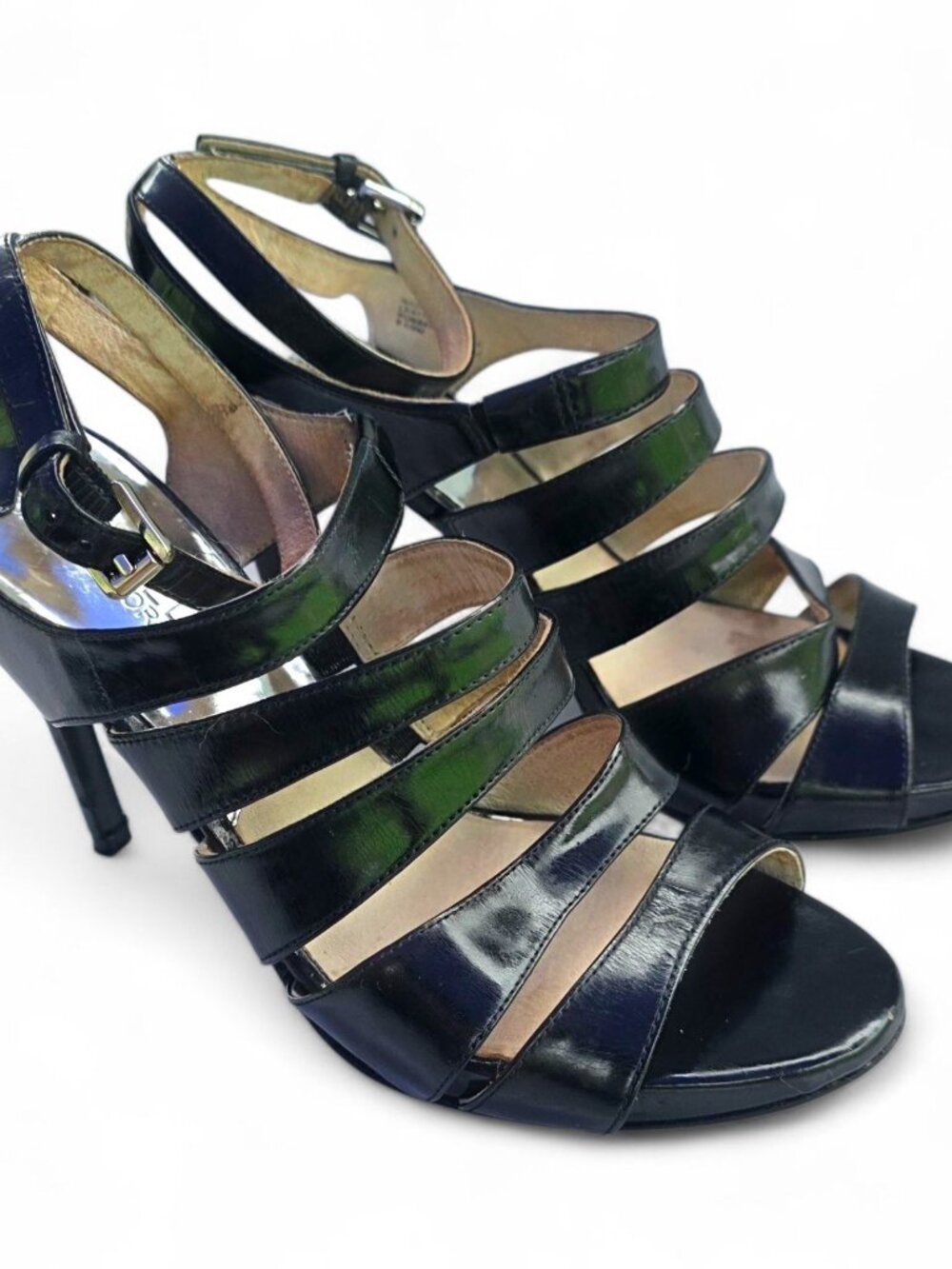 Women's Black Strappy High Heel Sandals Size 6.5 M Leather Upper Open Toe